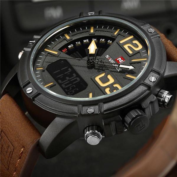 

wristwatches naviforce men watch digital sport mens wristwatch military army leather band analog led quartz male clock 9095, Slivery;brown