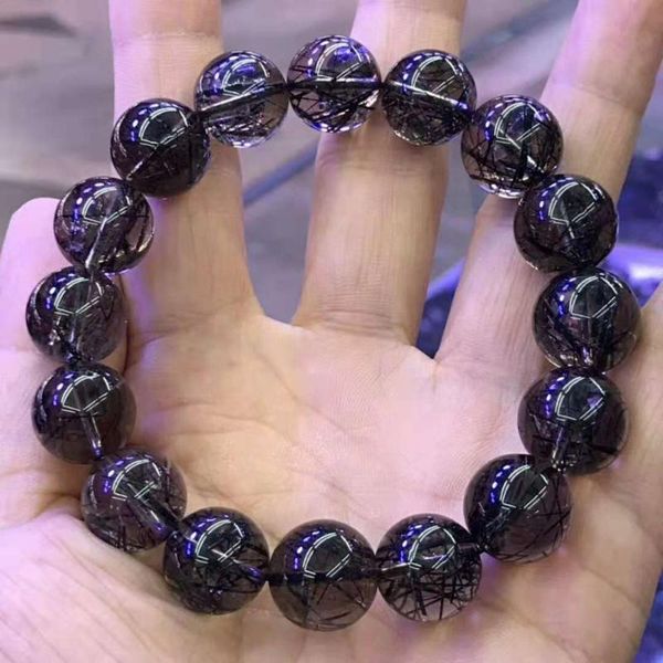 

beaded, strands find jewelry bracelet natural black hair rutilated quartz gems crystal 13.5mm round beads elastic stretch bracelets