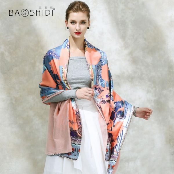 

scarves [baoshdi]2021 double layer 100% silk digital printing and 50% with wool dyening scarf women, luxury fashion long, Blue;gray