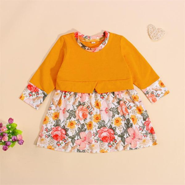 

girl's dresses autumn toddlers girls party dress flower print o-neck long sleeve stitching a-line infants 1-4 years old princess, Red;yellow