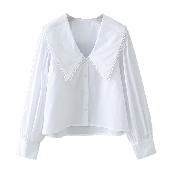 

summer cotton and polyester sailor collar slim white solid hollow out single breasted button casual women shirt 210524
