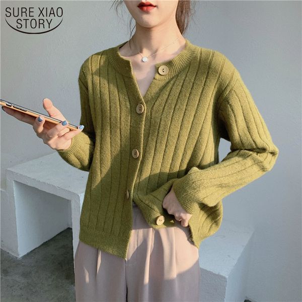 

autumn long sleeve single breast women cardigan loose o-neck stripped knitted lapel bottoming shirt sweater coat 11991 210508, White