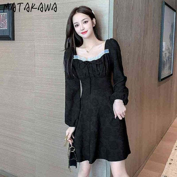 

matakawa spring retro square neck dress slim long-sleeved robe sweet black dress temperament dresses for women 210513, Black;gray