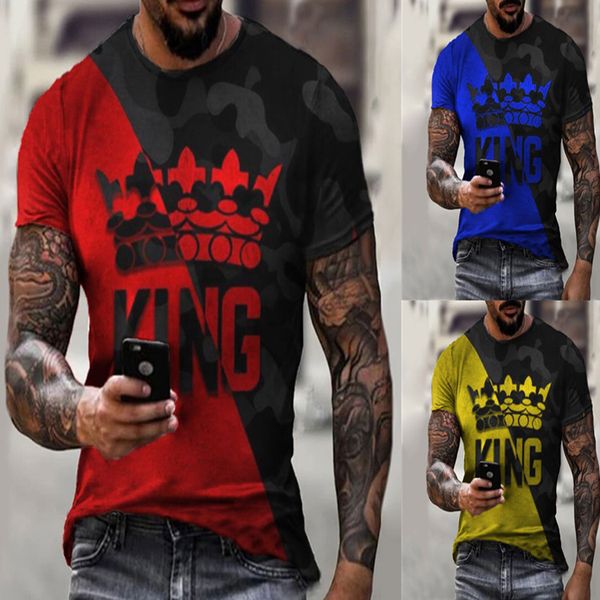 

2021 summer t-shirt crown king print men's casual street trend 3d t-shirt short sve5cyk, White;black