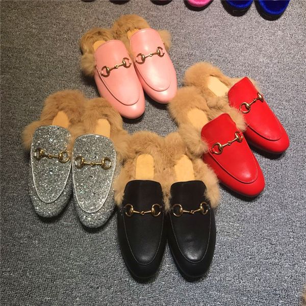 

functional classic women fur slippers mules flats suede mule shoes designer fashion genuine leather loafers shoes with metal chain, Black