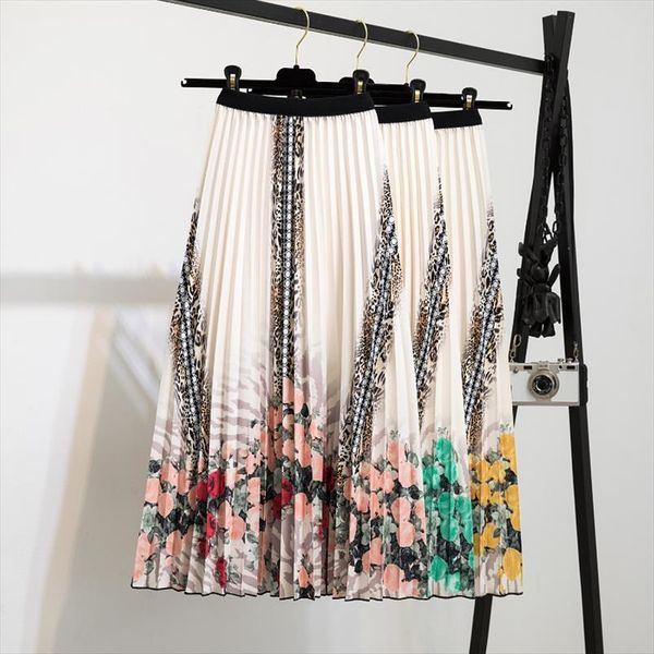 

fashion brand print pleated womens skirt high waist strechy cartoon long midi female a line falda summer jupe femme, Black