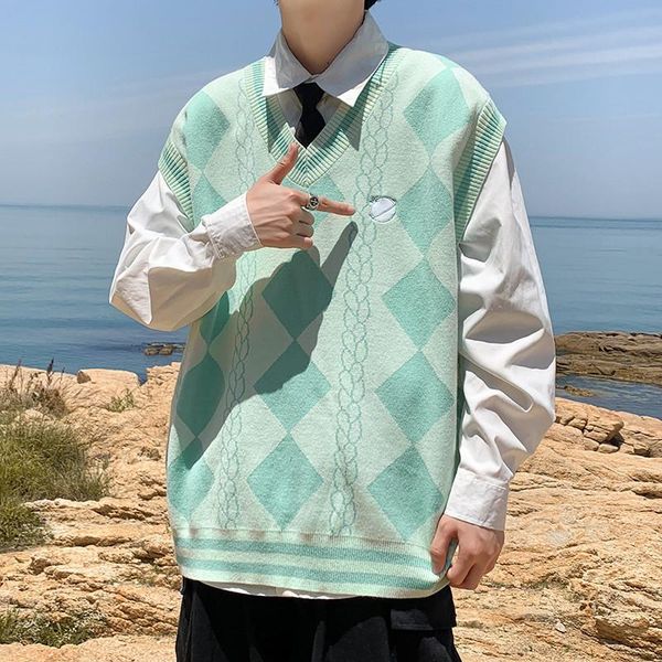 

men's sweaters plaid knit waistcoat male wearing college style loose v-neck lovers sweater spring and autumn ins trend vest, White;black