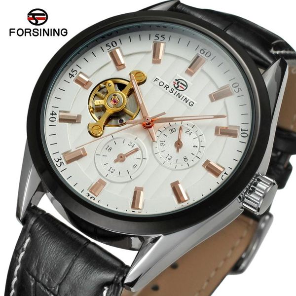 

arrival automatic men's wrist watch with black genuine leather strap gift box whole sale price wristwatches, Slivery;brown