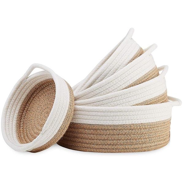 

jewelry pouches, bags 5-piece round small woven baskets set - 100% natural cotton rope key tray, kids toys, bowl, Pink;blue