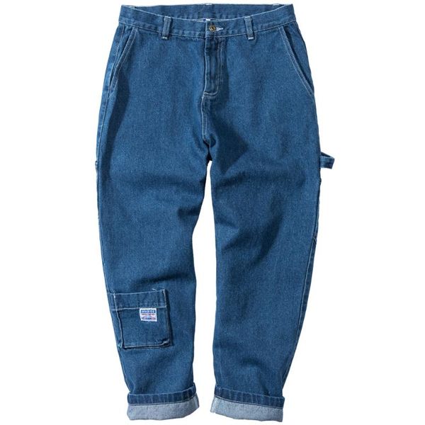 

multi-pocket jeans tooling solid color wear-resistant loose straight casual trousers high street clothing men's, Blue