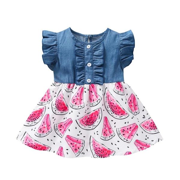 

girl's dresses 12m-3t toddler baby girls clothes summer dress ruffles denim splice lemon watermelon printed princess baby's clothi, Red;yellow