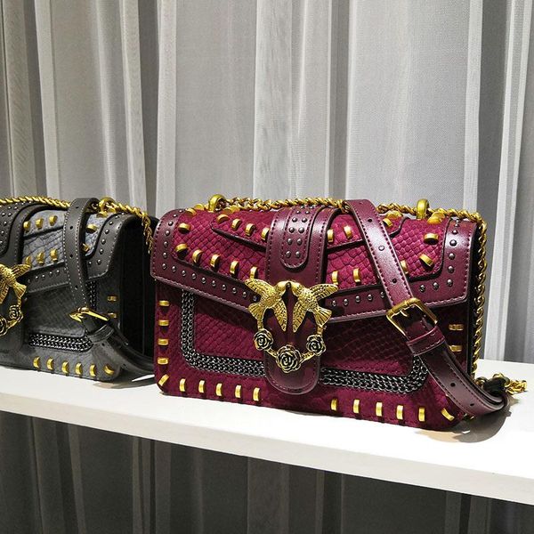 

evening bags velvet swallow women bag rivet chain shoulder fashion designer handbag and purses small square flap