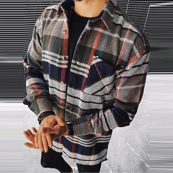 

men's causal shirts vintage stylish pockets plaid jacket coat fashion lapel collar long sleeve loose outerwear chic 111701, White;black