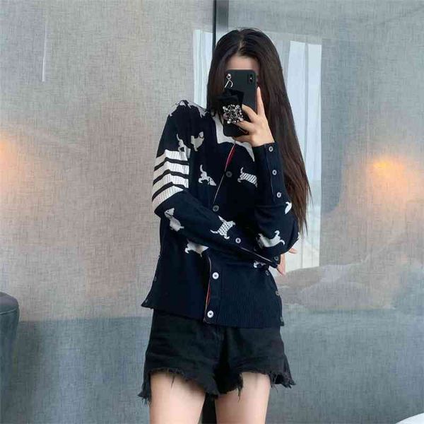 

tb2021 autumn new female inlaid full body pattern sweater college style lovely dog aging round neck cardigan1, Black