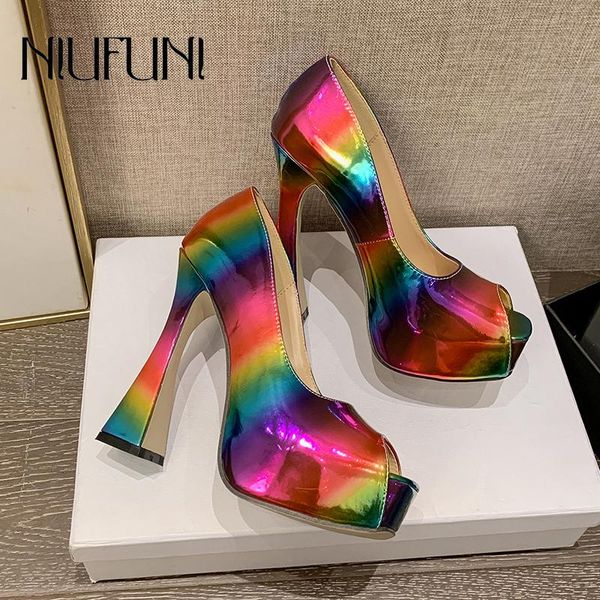 

dress shoes niufuni rainbow color peep toe cup heel women sandals thick high heels shoe platform slip-on summer pump, Black