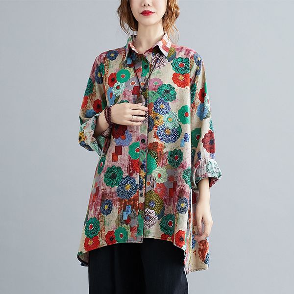 

johnature casual print flowers shirts spring turn-down collar long sleeve loose women blouse all-match 210521, White