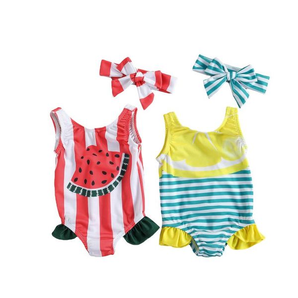 

pcs baby girls summer swimsuits sleeveless fruit & stripe print u-shaped neck ruffle one-piece swimwear + bowknot headband one-pieces, Black