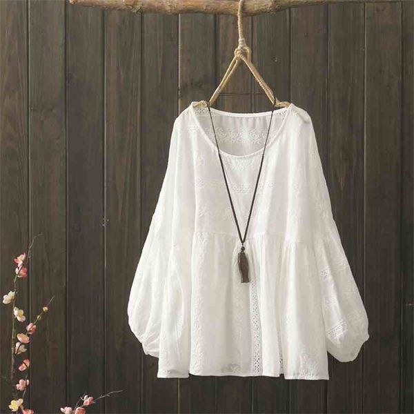 

hollow out cotton loose embroidered white shirt lantern sleeve o neck womens 210615