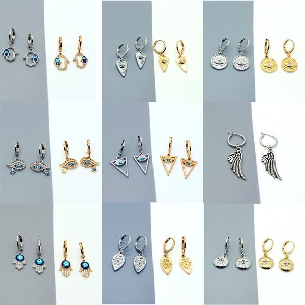 

hoop & huggie 1pair vintage zircon turkish eye earrings for women hollow triangle waterdrop fatima hand wing ear stud jewelry, Golden;silver