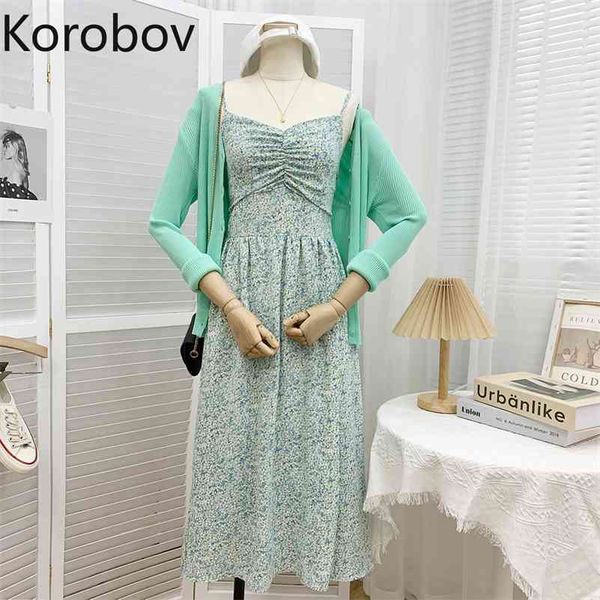 

korobov summer women dress korean sweet flower print a-line dresses beach style boho high waist dresses 210430, Black;gray
