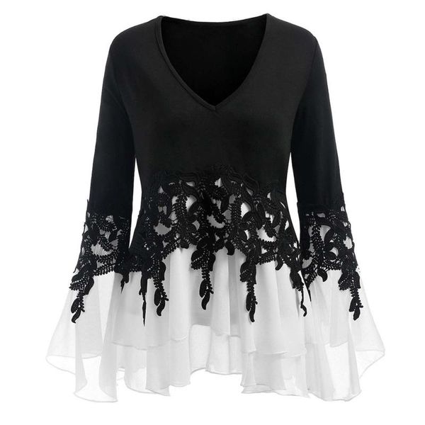 

women's blouses & shirts fashion ladies women casual elegant chiffon v-neck long sleeve shirt small flare lace top, White