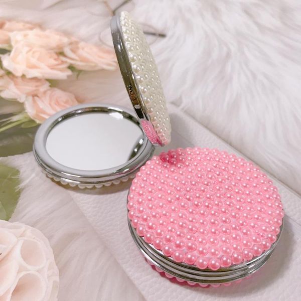 

mirrors round mini vanity mirror double-sided pearl folding portable pu leather makeup pocket kawaii small