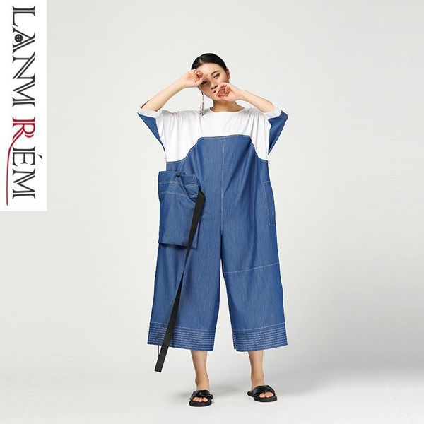 

women's jumpsuits & rompers lanmrem 2021 faashion jumpsuit for women retro street denim patchwork short sleeve loose large size pants w, Black;white
