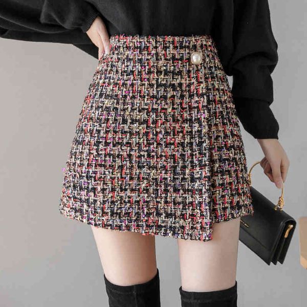 

qoerlin high street new fashion tweed skirt women high waist irregular short mini skirt with safe shorts plus size female skirts 210416, Black