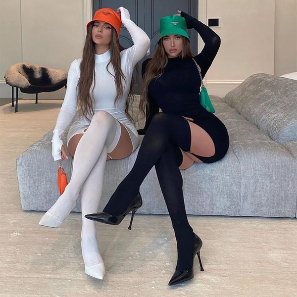 

casual dresses [shesrim] kylie long-sleeved high-neck slim-fit hip hook socks dress fashion jenner mini, Black;gray