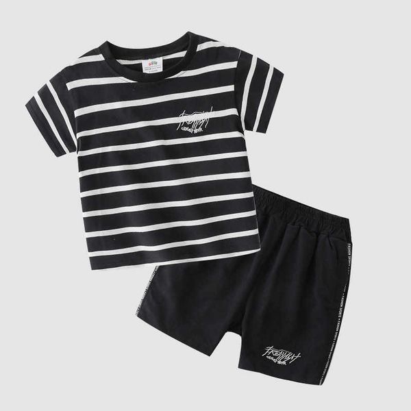 

summer 3 4 5 6 8 10 years children sports suits short sleeve strip letter clothing baby kids boys t-shirt shorts sets 210701, White