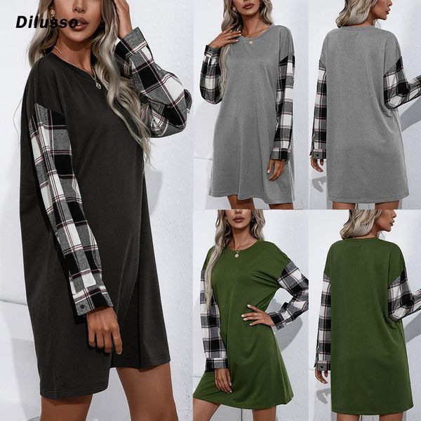 

casual dresses 2021 women fashion long sleeve round neck dress plaid loose mini clothing street style spring summer, Black;gray