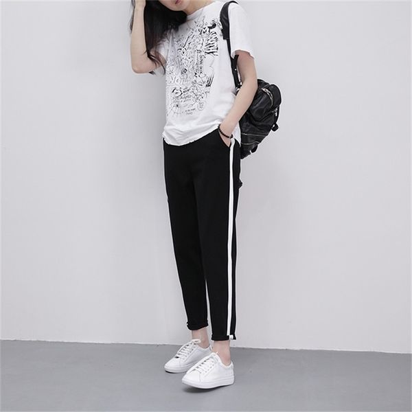 

fashion women leather striped harem pants women black casual high waist pants drawstring loose trousers pantalon femme 210426, Black;white