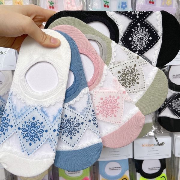 

socks hosiery south korean women's summer bohemian style mh silk , diamond lattice thin cotton invisible boat socks, Black;white