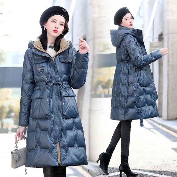 

hooded down jacket women's middle and long style 2021 winter new fashion white duck warm coat thickened tide, Black