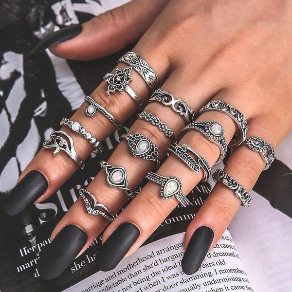 

cluster rings vintage set for women boho heart knuckle finger ring female bohemian gold silver color jewelry accessories, Golden;silver