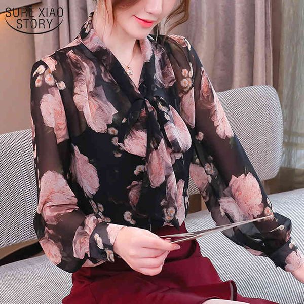 

long sleeve chiffon blouse bow v collar floral see through female autumn and winter korean printed women's shirts 11401 210508, White