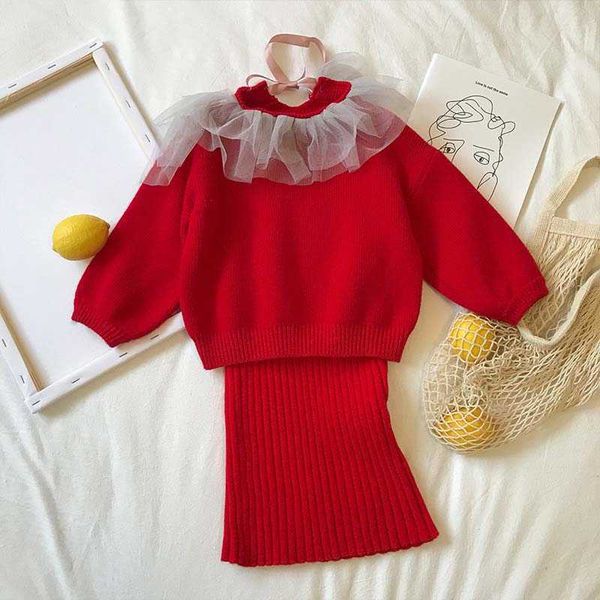 

bear leader girls princess dress autumn mesh collar dress kids knitted party elegant outfit children cute clothing 3 8 years 210708, Red;yellow