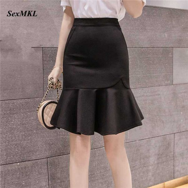 

plus size high waist skirts women fashion casual black skirt korean office ladies ruffle red mermaid skirts jupe femme 210528