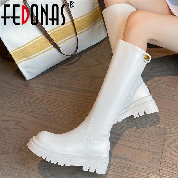 

boots fedonas brand 2022 autumn winter genuine leather women knee high fashion metal platform thick heels casual shoes woman, Black