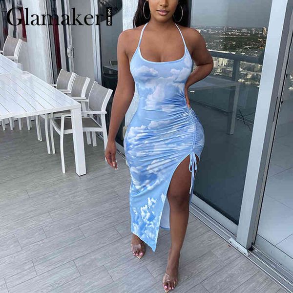 

glamaker halter sky print bodycon dress fashion female blue sleeveless shir vestidos elegant slim streetwear new dress 210414, Black;gray