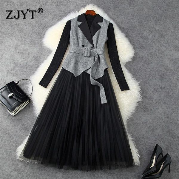 

casual dresses elegant lady autunm winter women designer runway long sleeve pullover knit sweater and woolen patchwork mesh dress 2piece sui, Black;gray