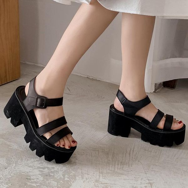 

sandals summer open toe high heel thick women's shoes black with platform