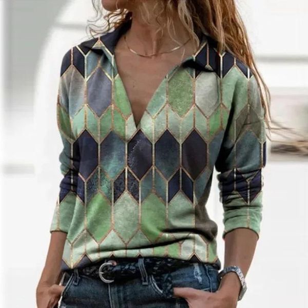 

women's t-shirt retro printed long sleeve v-neck urban casual pullover, White