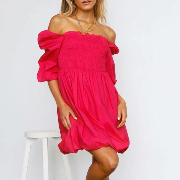 

casual dresses 2021mini women summer square collar short puff sleeve backless elastic smocked dress fashion feminion, Black;gray