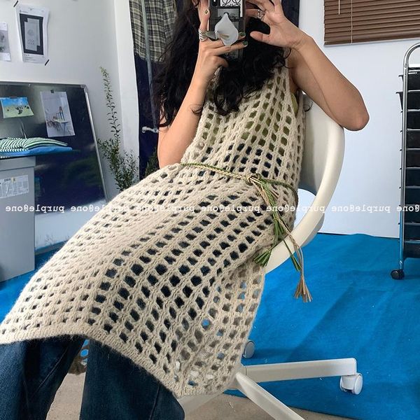 

casual dresses spring and autumn korean solid color fashion hollow knitted mesh dress women high street stacking mid-length sleeveless, Black;gray