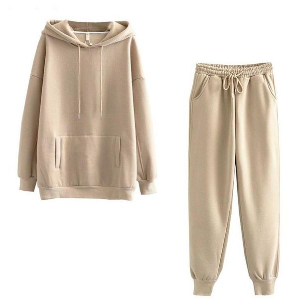 

autumn winter women thick fleece cotton suit 2 pieces sets hoodies sweatshirt and pants suits hooded women's two piece, White