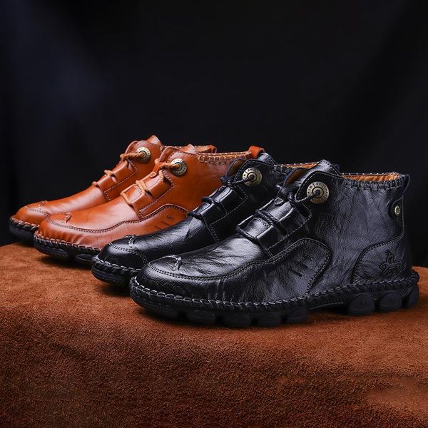 

boots round toe men shoes genuine leather for solid rubber lace-up mens winter spring/autumn, Black