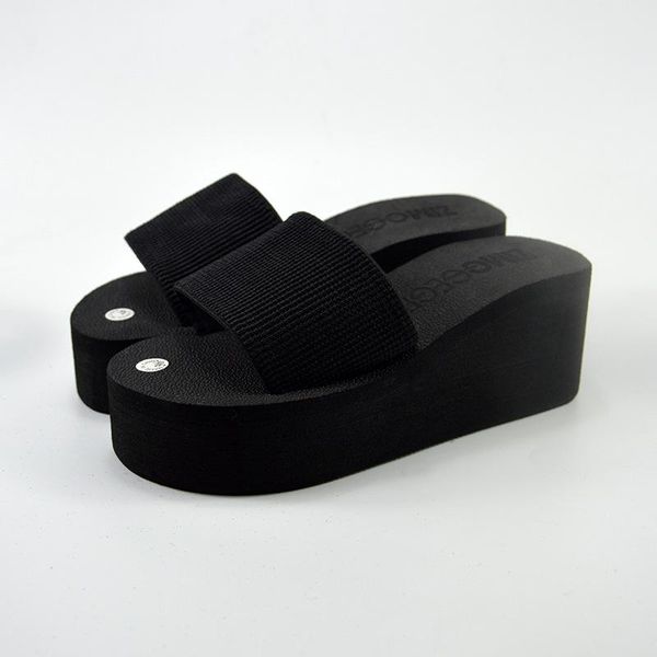 

summer 7cm slippers high heeled slope heel muffin bottom herringbone slipper hand made flower beach shoes, Black