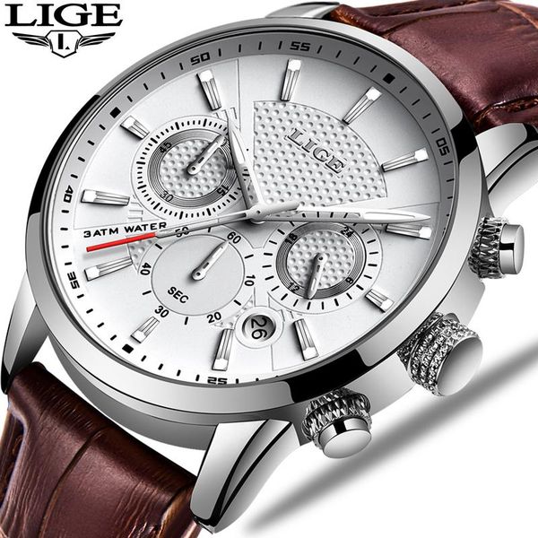 

wristwatches lige fashion mens watches analog quartz men 30m waterproof chronograph sport date leather band montre homme, Slivery;brown