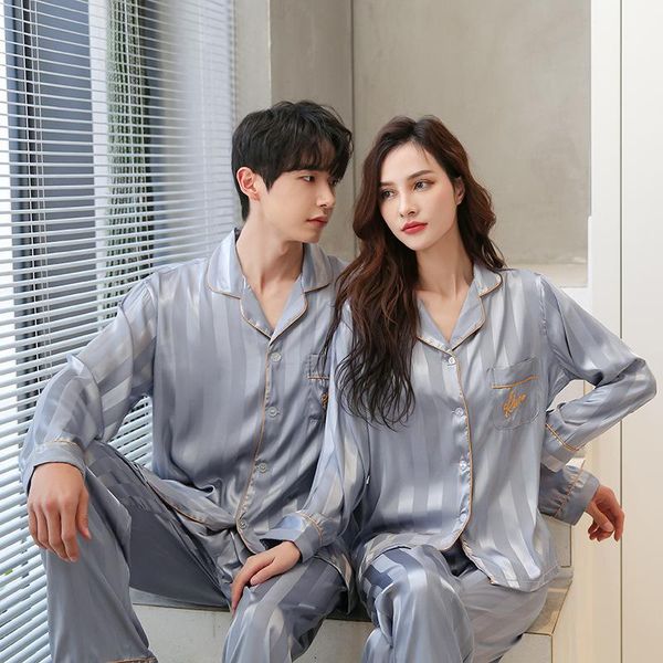 

men's sleepwear spring autumn couple pajamas set long sleeve shirt&pants loose pijamas suit lovers elastic waist pyjamas pour, Black;brown